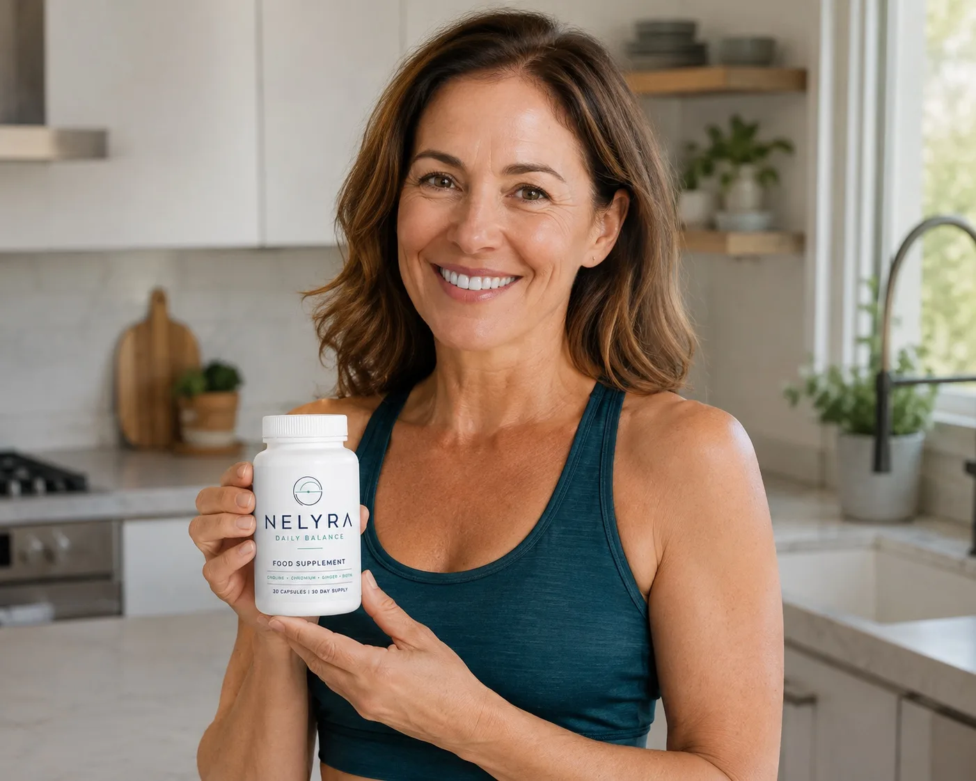 Stimmungsvolles Foto einer Frau mit der Flasche Nelyra Daily Balance